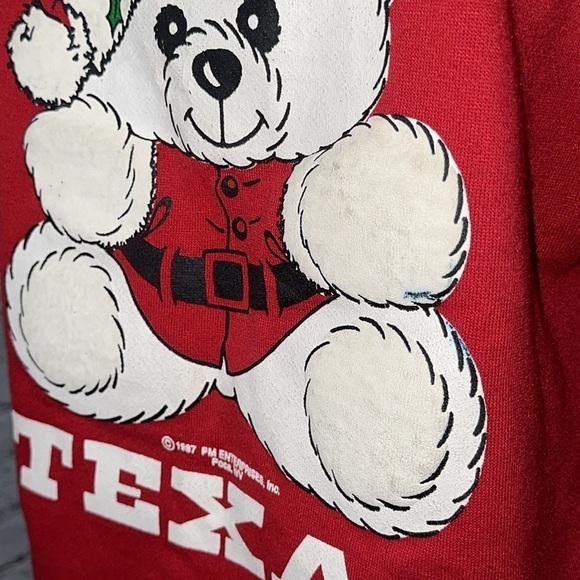 Red Hug Me In Texas 80s Christmas Teddy Bear Vintage Sweatshirt 1987 size XL - Picture 6 of 16